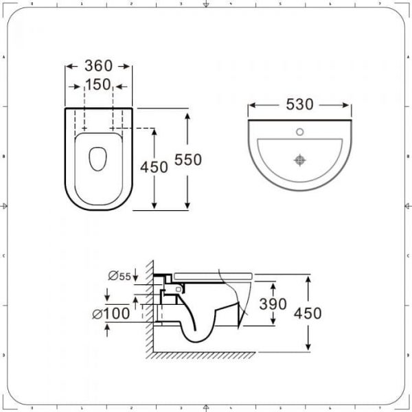 Ensemble lavabo suspendu et pack WC sans bride suspendu - Ashbury - Dimensions
